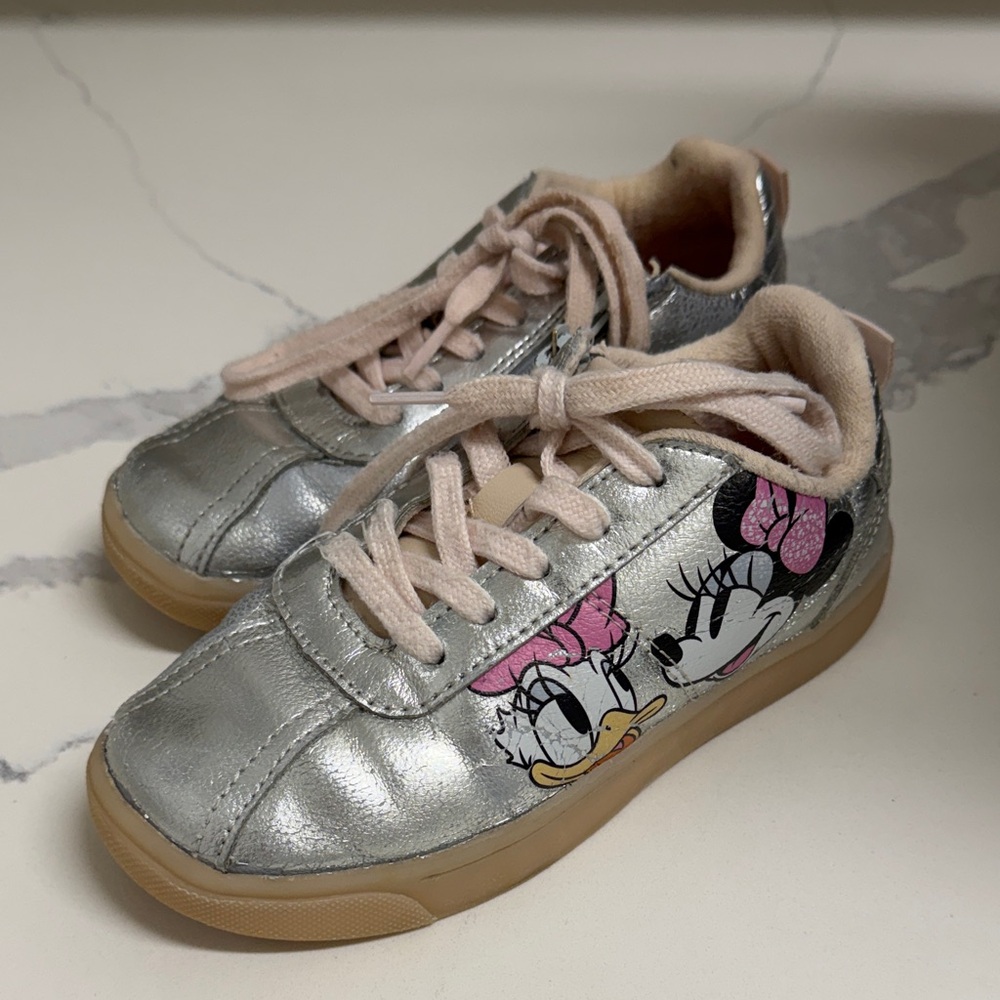 Zara Silver Sneakers with Pink Accents and Daisy/Minnie Graphics